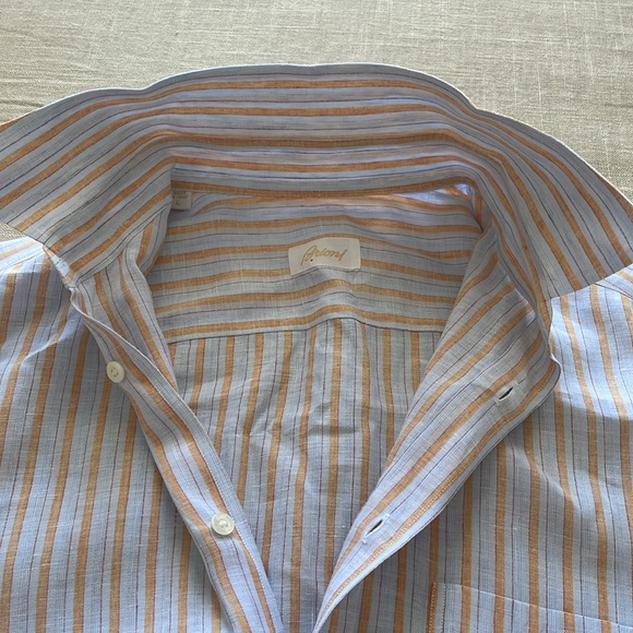 BRIONI ITALY 100% LUXURY LINEN SHIRT Mens Large Blue Stripe Short Sleeve - Picture 8 of 13